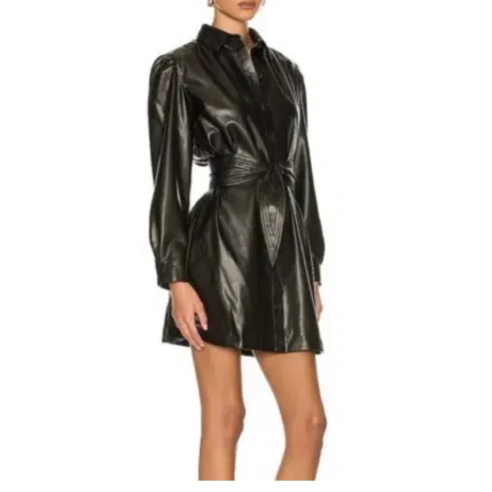 Nanuska Black Faux‎ Leather Shirt Dress Belted Puffed Sleeve Mini